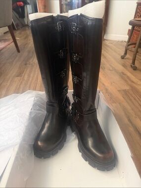 Tall Buckle Combat Boots in Black